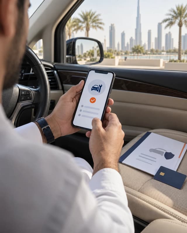 Driver checking roadside-assistance cover on a phone inside a parked car