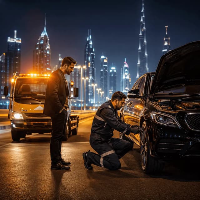Roadside technician helping a driver at night in Dubai