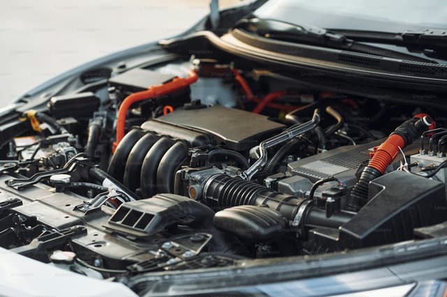 Car battery seated in an engine bay, terminals visible