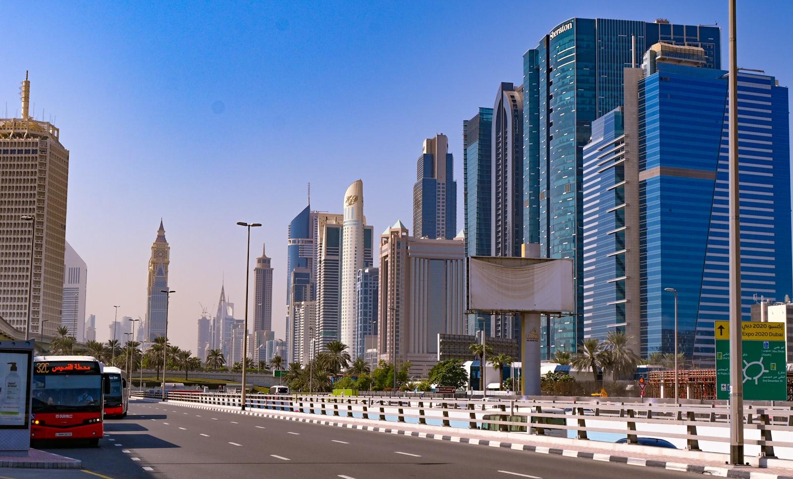 Traffic on Sheikh Zayed Road with Dubai towers behind