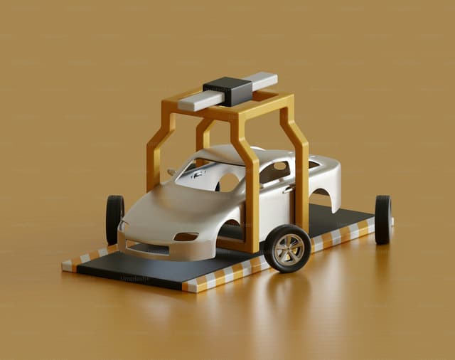 Car on a wheel alignment rig with sensors fitted